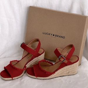 Lucky Brand Red Canvas Wedge Shoe - Beautifully detailed Buckle - Women 7.5